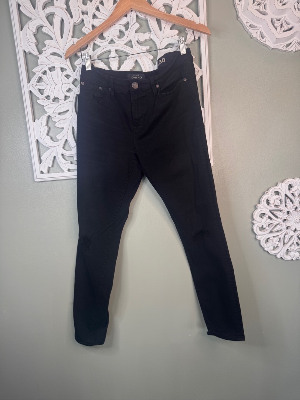 J. Crew Black Toothpick Skinny Jeans Size 30 Distressed